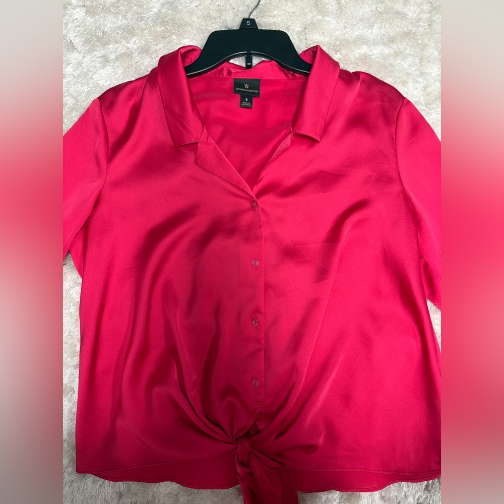 Worthington Satin Hot Pink Button-Down Long sleeve Blouse with tie front Women’s